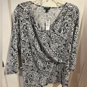 3/4 sleeve black and white paisley faux wrap top.